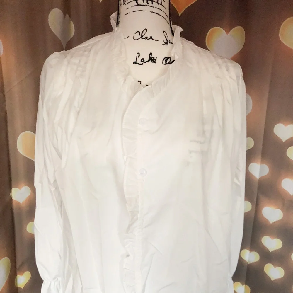 White blouse shirt bell sleeve ruffle button down womens - Picture 4 of 6